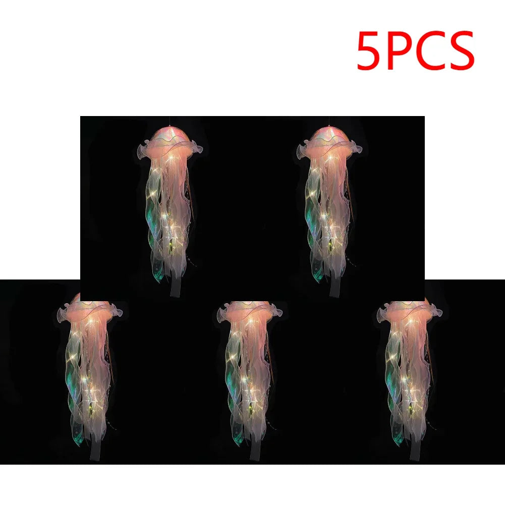 Jellyfish Colorful Nightlight Button Battery Hanging Ceiling Lantern with Ribbon&Bead LED Bulbs for Children Bedroom