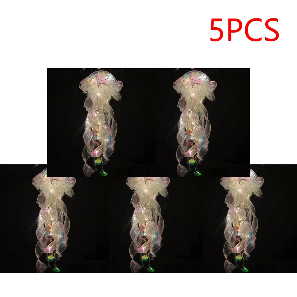 Jellyfish Colorful Nightlight Button Battery Hanging Ceiling Lantern with Ribbon&Bead LED Bulbs for Children Bedroom