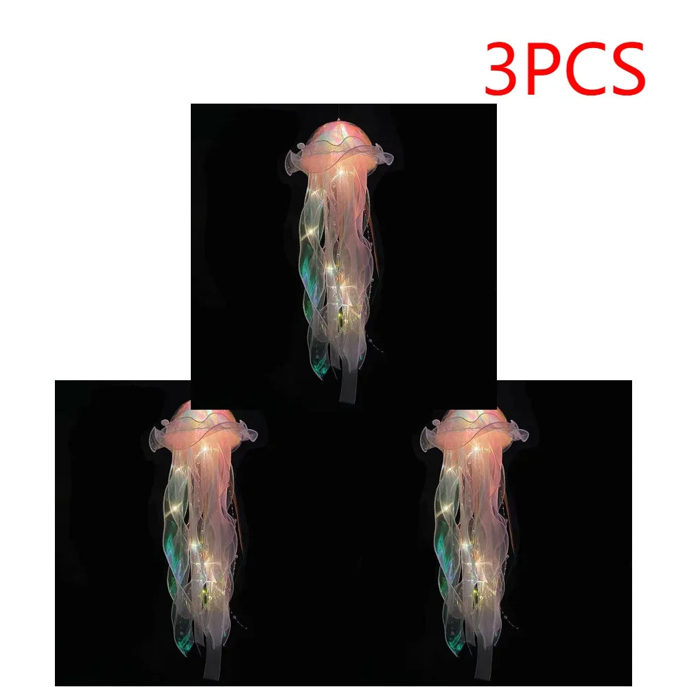 Jellyfish Colorful Nightlight Button Battery Hanging Ceiling Lantern with Ribbon&Bead LED Bulbs for Children Bedroom