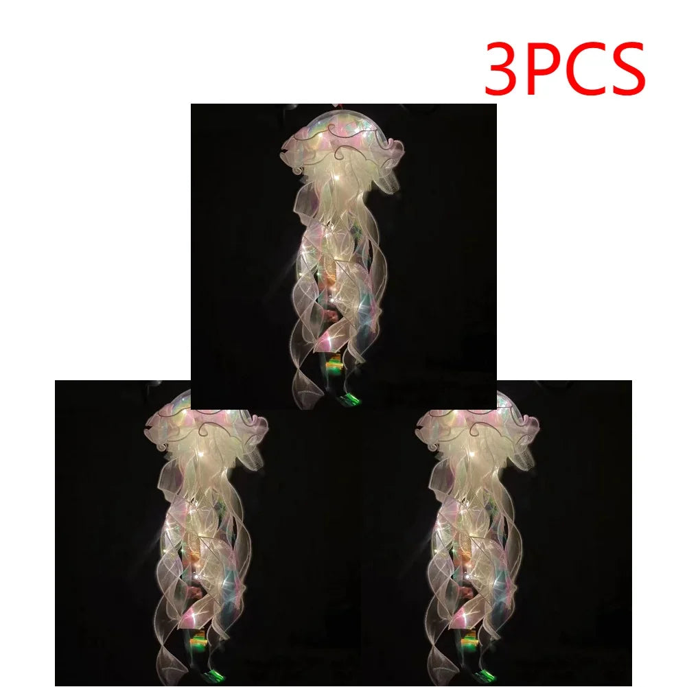 Jellyfish Colorful Nightlight Button Battery Hanging Ceiling Lantern with Ribbon&Bead LED Bulbs for Children Bedroom