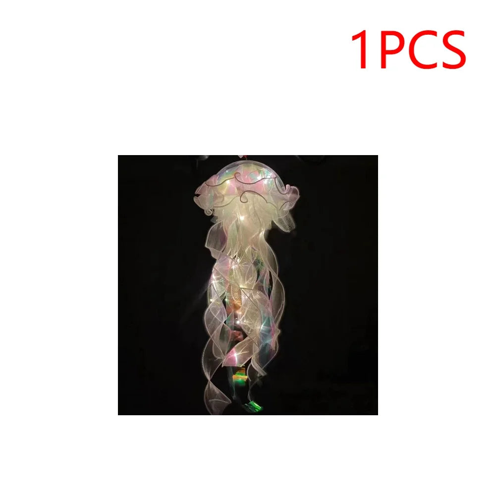 Jellyfish Colorful Nightlight Button Battery Hanging Ceiling Lantern with Ribbon&Bead LED Bulbs for Children Bedroom