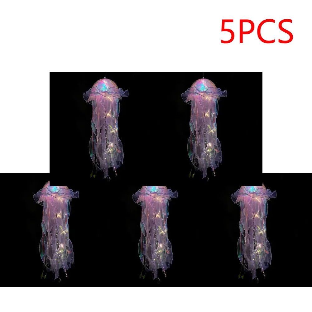 Jellyfish Colorful Nightlight Button Battery Hanging Ceiling Lantern with Ribbon&Bead LED Bulbs for Children Bedroom